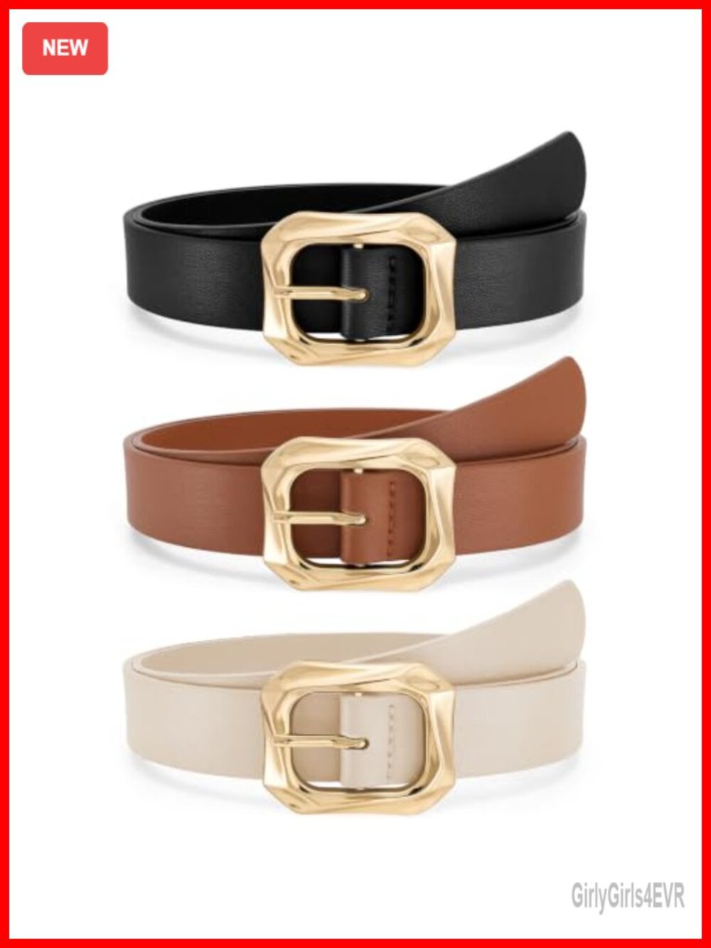 3 Pack Women Faux Leather Belts Gold Square Buckle Adjustable Waist Belt